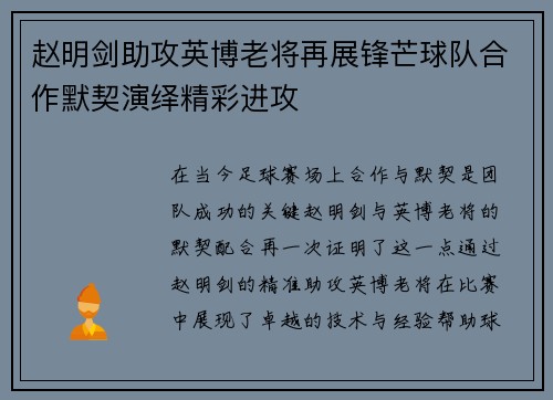 赵明剑助攻英博老将再展锋芒球队合作默契演绎精彩进攻 赵明剑助攻英博老将再展锋芒球队合作默契演绎精彩进攻