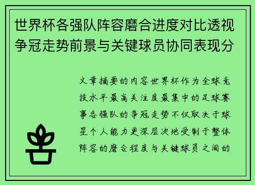 世界杯各强队阵容磨合进度对比透视争冠走势前景与关键球员协同表现分析 世界杯各强队阵容磨合进度对比透视争冠走势前景与关键球员协同表现分析